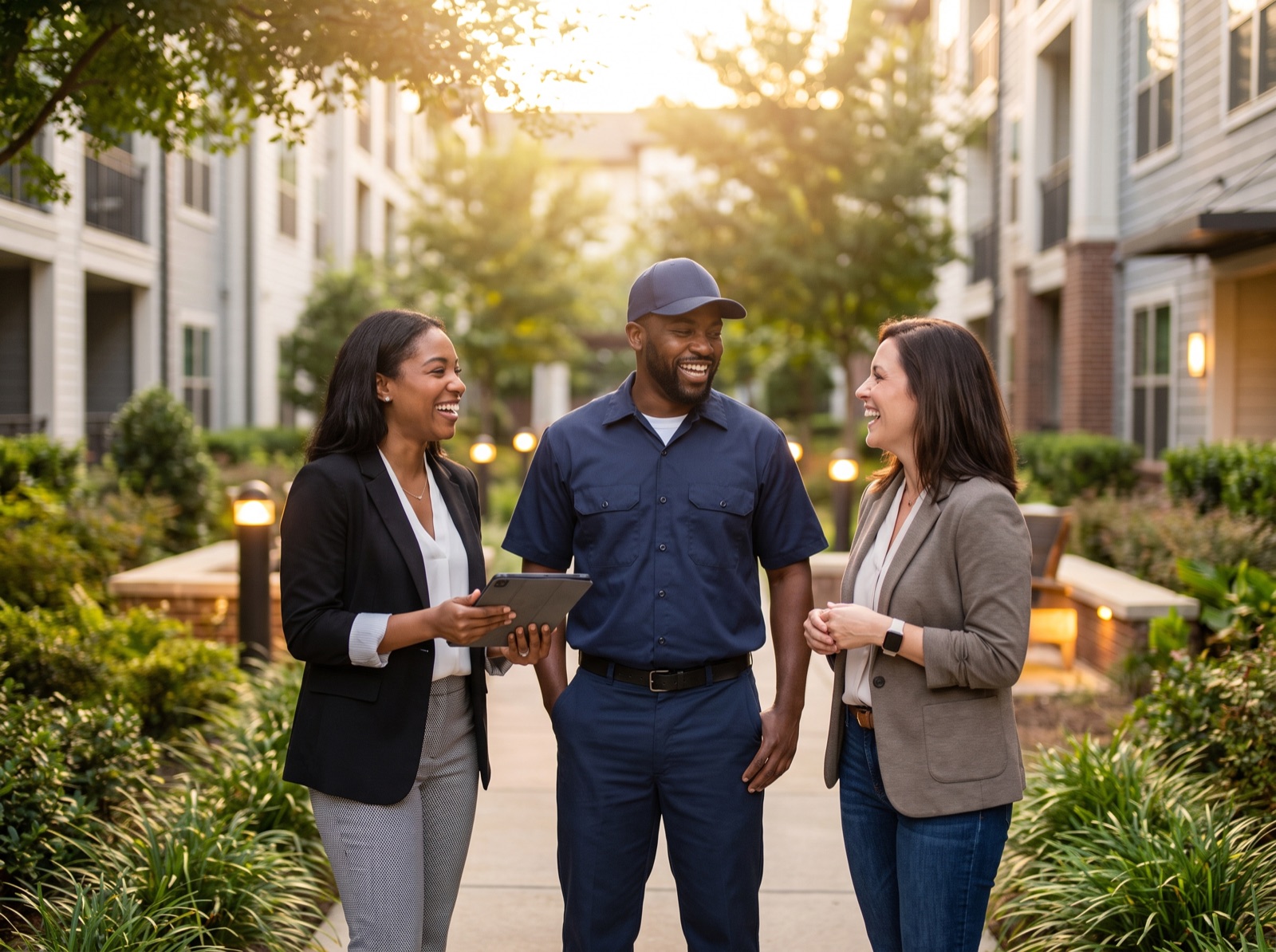 A multifamily property team โ leasing consultant, maintenance technician, and property manager โ together at an apartment community.